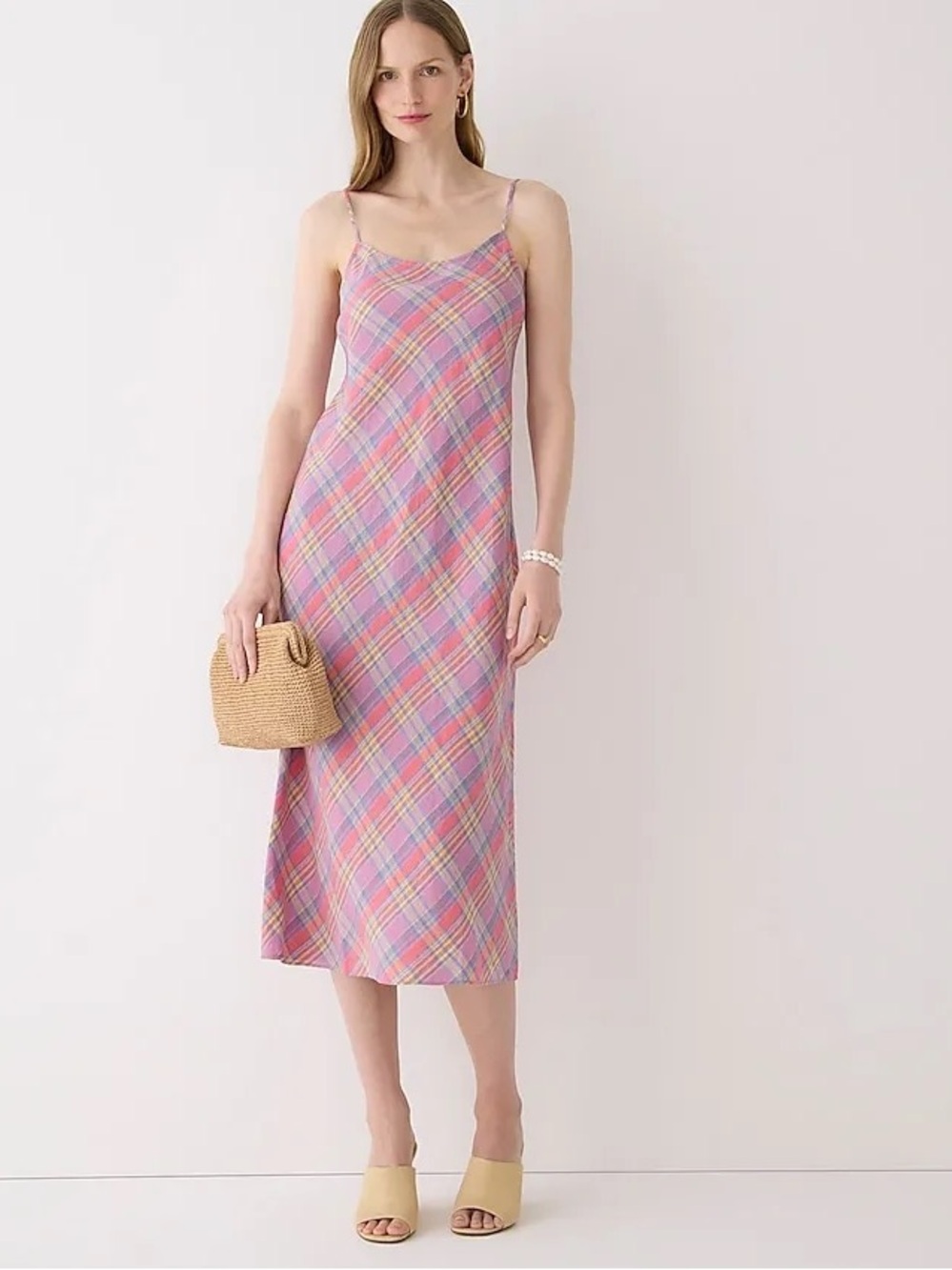 J.Crew Gwyneth linen slip dress in sunset plaid